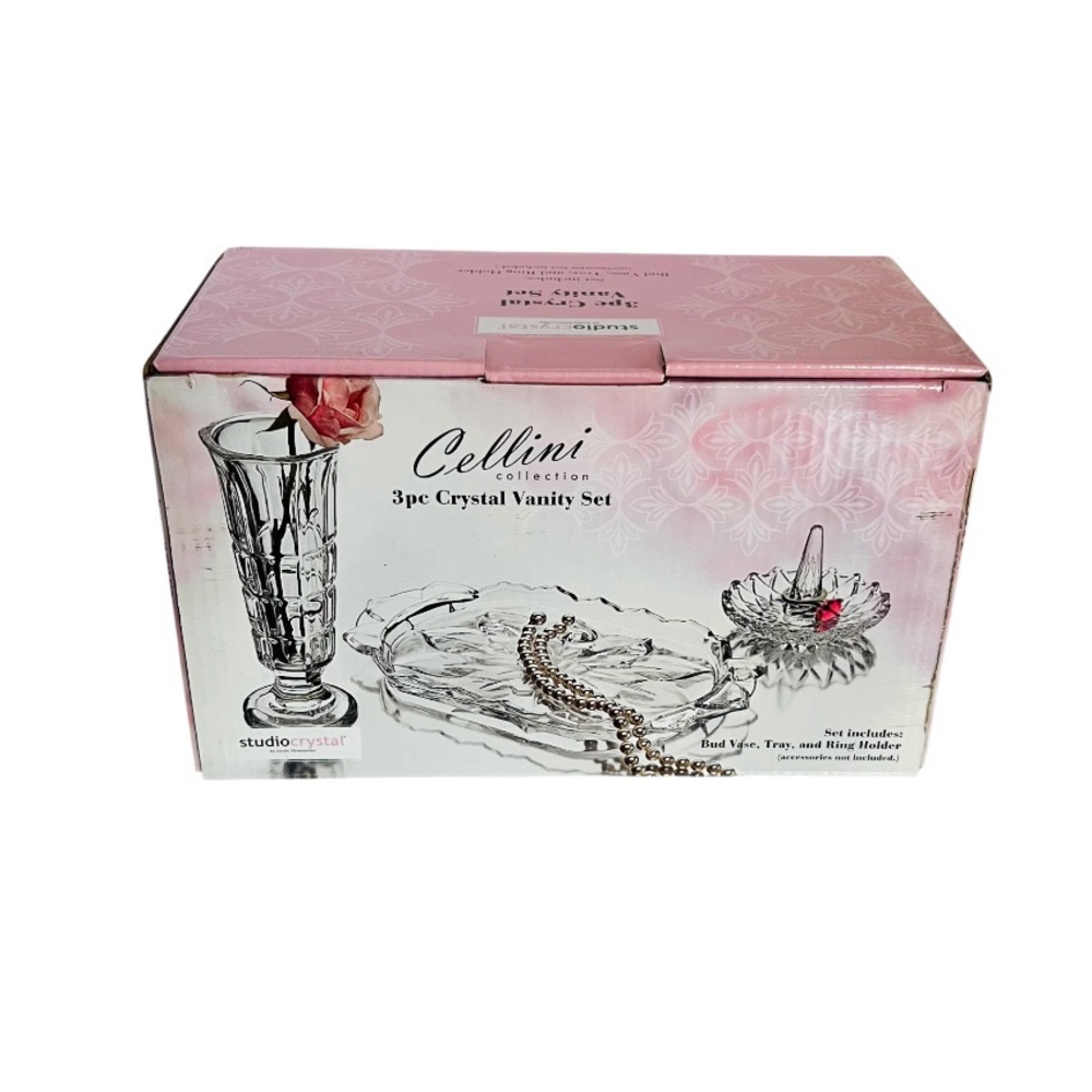 Studio Crystal 3pc Crystal Vanity Set - Bud Vase, Tray, Ring Holder NEW IN BOX